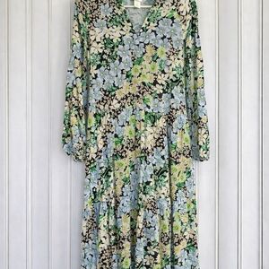 H&M Floral V-Neck Long Sleeve Maxi Dress in Blue, Green and Cream